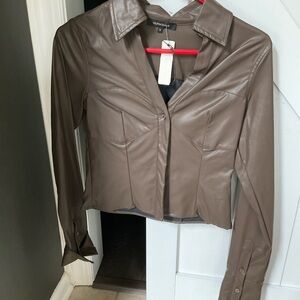 Olivaceous Brown Faux Leather Button-Down Shirt Small